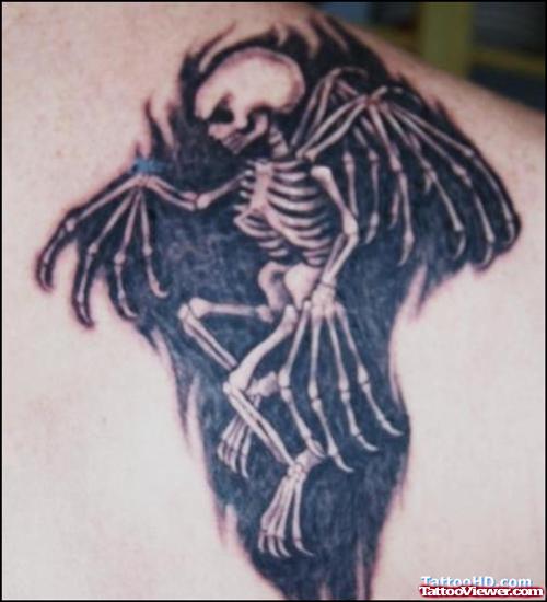 Dark Ink Skeleton Fantasy Tattoo On Back