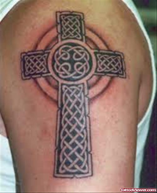 Celtic Cross Fantasy Tattoo On Shoulder