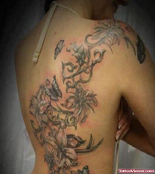 Butterflies And Flowers Fantasy Tattoo On Back