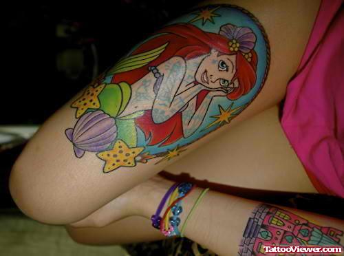 Amazing Colored Mermaid Fantasy Tattoo On Half Sleeve