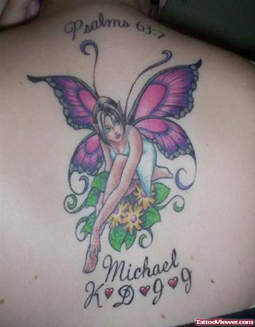 Colored Fairy Memorial Fantasy Tattoo On Back