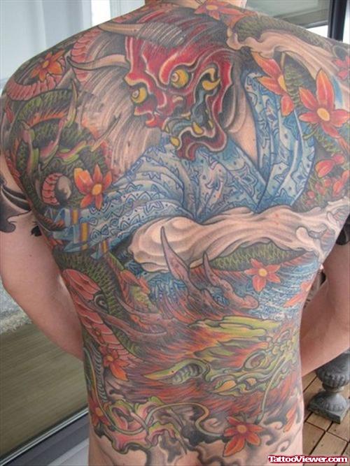 Colored Demon And Fantasy Tattoo On Back Body