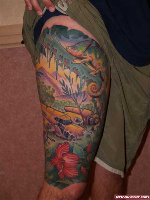 Color Ink Fantasy Tattoo On Thigh