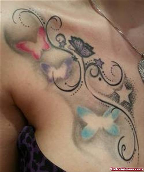 Butterflies And Star Fantasy Tattoo On Collarbone