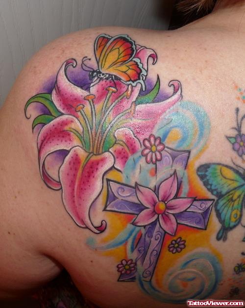 Amazing Colored Flowers Fantasy Tattoo On Left Back Shoulder