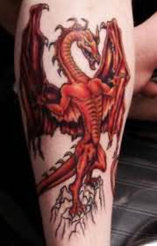 Red Dragon Tattoo On Leg