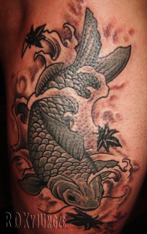 Grey Ink Leaves And Fantasy Koi Tattoo
