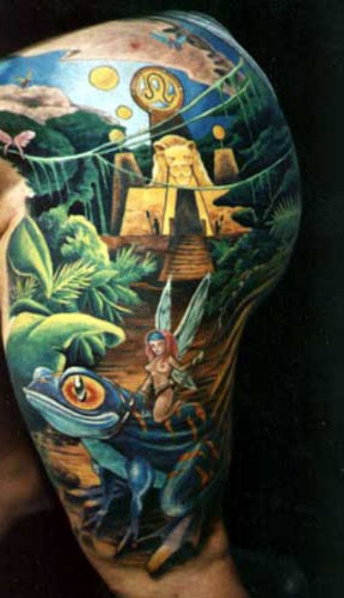 Colored Fantasy Tattoo On Left Leg