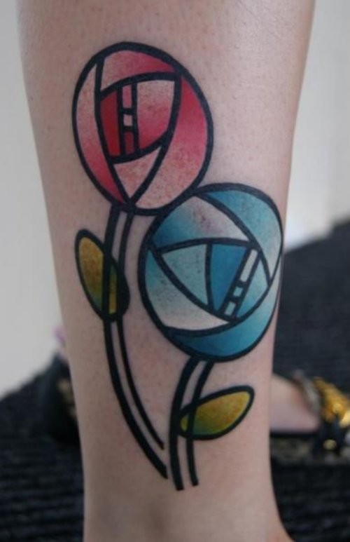 Blue And Red Flower Fantasy Tattoo On Leg