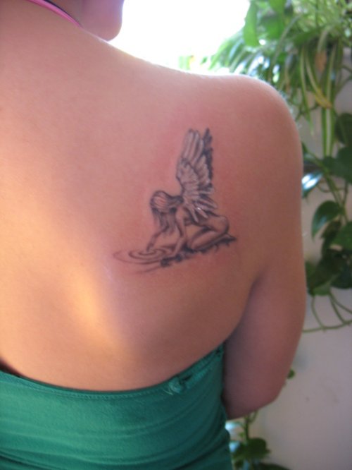 Beautiful Grey Ink Fairy Girl Fantasy Tattoo On Back Shoulder