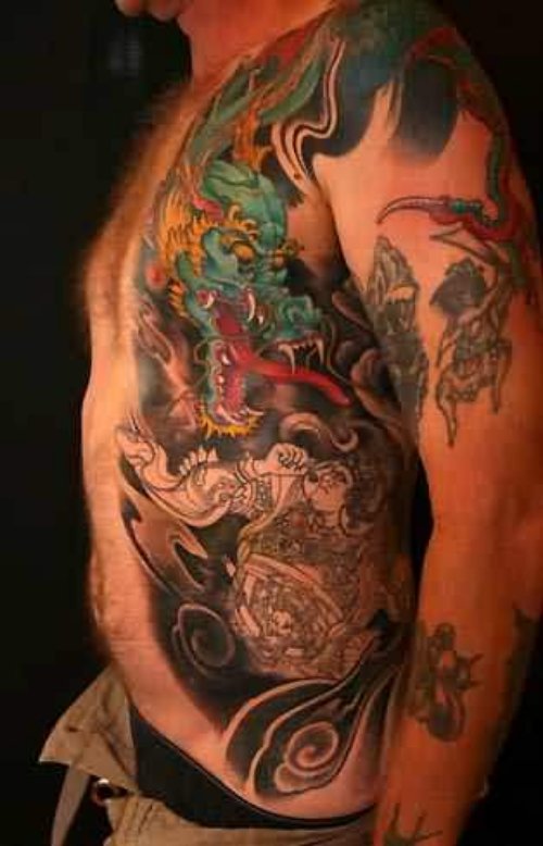Dragon Warrior Tattoo On Rib
