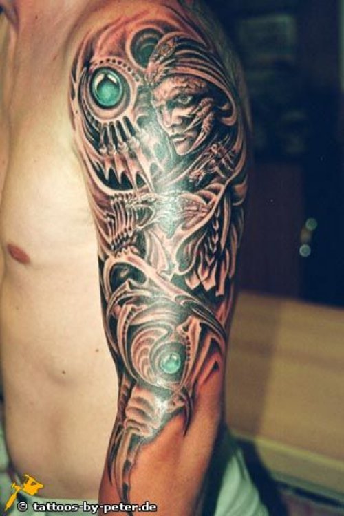 Grey Ink Biomechnical Fantasy Tattoo On Half Sleeve