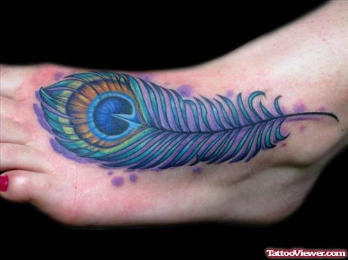 Girl Left Foot Peacock Feather Tattoo