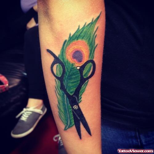 Scissor And Peacock Feather Tattoo