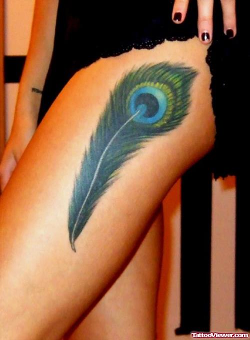 Left Leg Colored Peacock Feather Tattoo