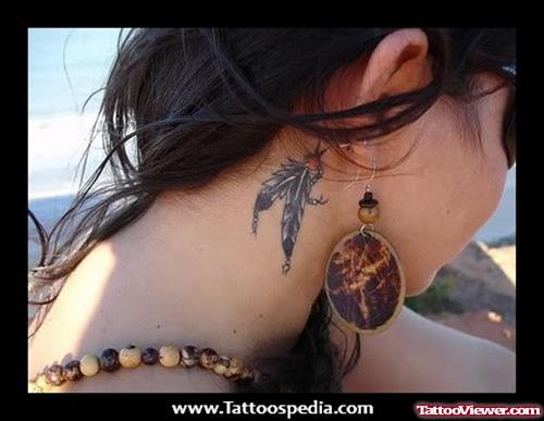 Girl With Feather Tattoos On Side Neck