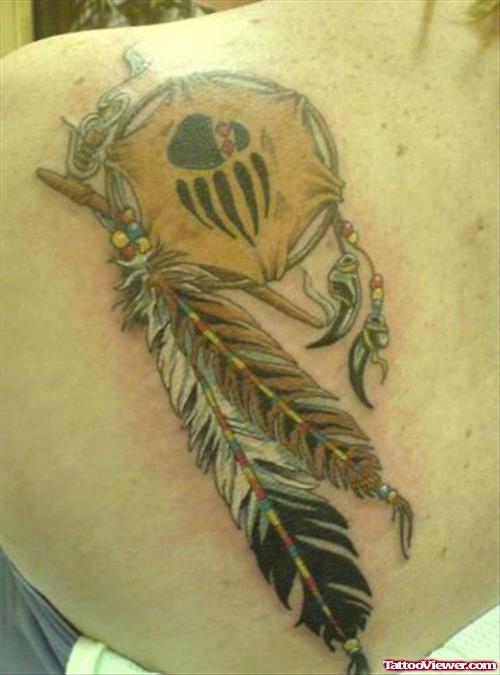 Claw Print And Feather Tattoos On Back Shoulder