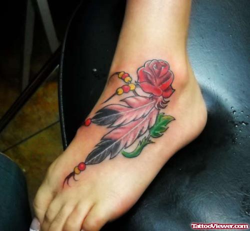 Red Rose and Feathers Tattoo On Left Foot