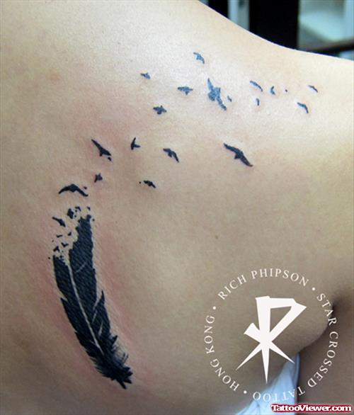 Inspiring Flying Birds And Feather Tattoo