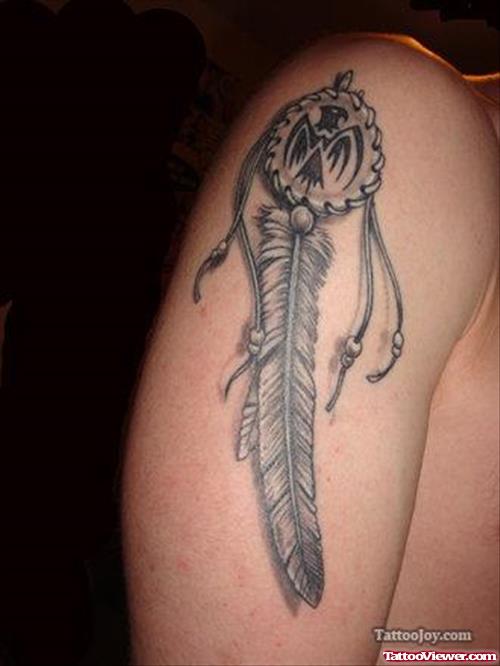 Grey Ink Indian Feather Tattoo On Right Half Sleeve