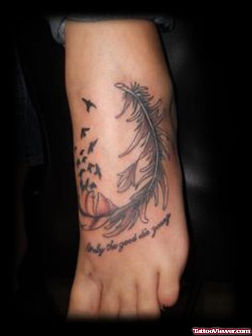 Grey Ink Feather Tattoo On Left Foot