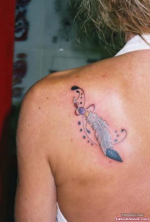 Girl Back Shoulder Feather Tattoo