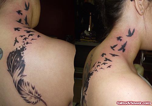 Flying Birds And Feather Tattoo On Right Back Shoulder