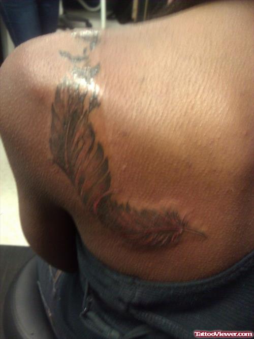 Classic Left BAck Shoulder Feather Tattoo
