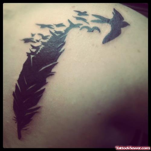 Black Birds And Feather Tattoo On Back Shoulder