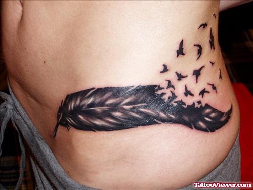 Rib Side Grey Ink Feather And Birds Tattoo