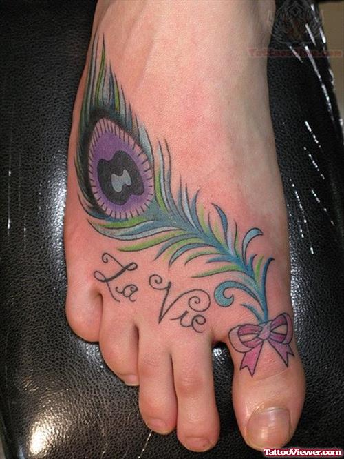 Peacock Feather Tattoo On Right Foot