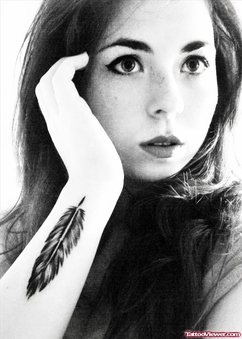 Girl Right Arm Feather Tattoo