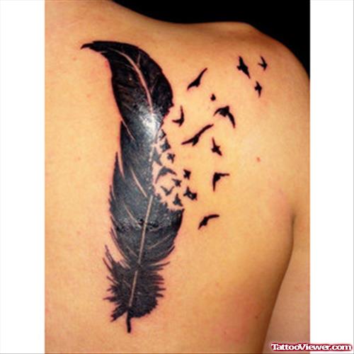 Feather With Birds Tattoo On Right Back SHoulder