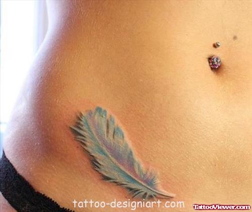 Feather Tattoo On Right Hip