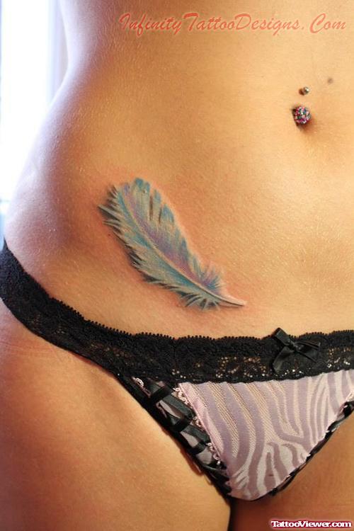 Blue Ink Feather Tattoo On Hip