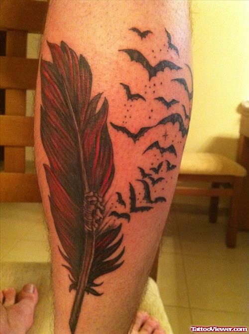 Red Feather And Flying Birds Tattoo