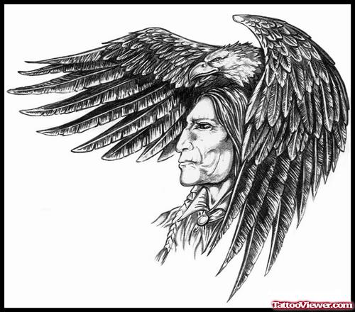 Native American With Feathers Tattoo Design