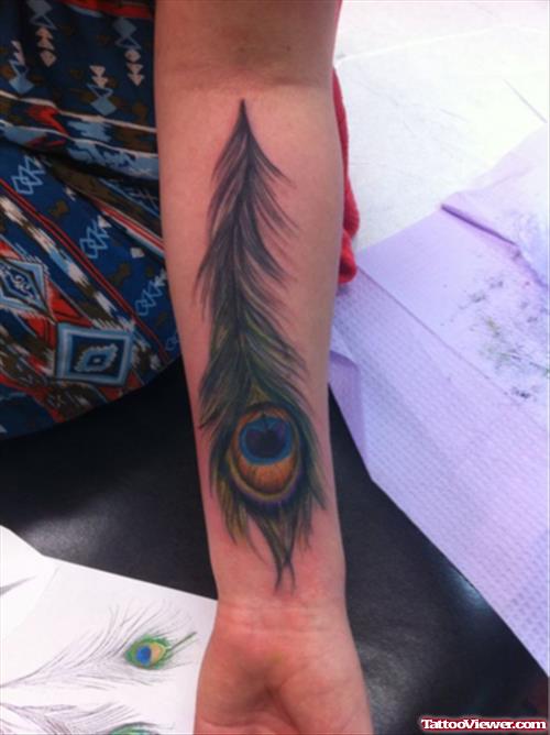 Left Arm Colored Peacock Feather Tattoo
