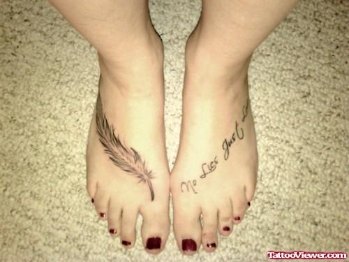 Feet Feather And Lettering Tattoo
