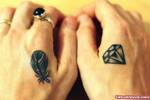 Feather And Diamond Tattoo On Hands
