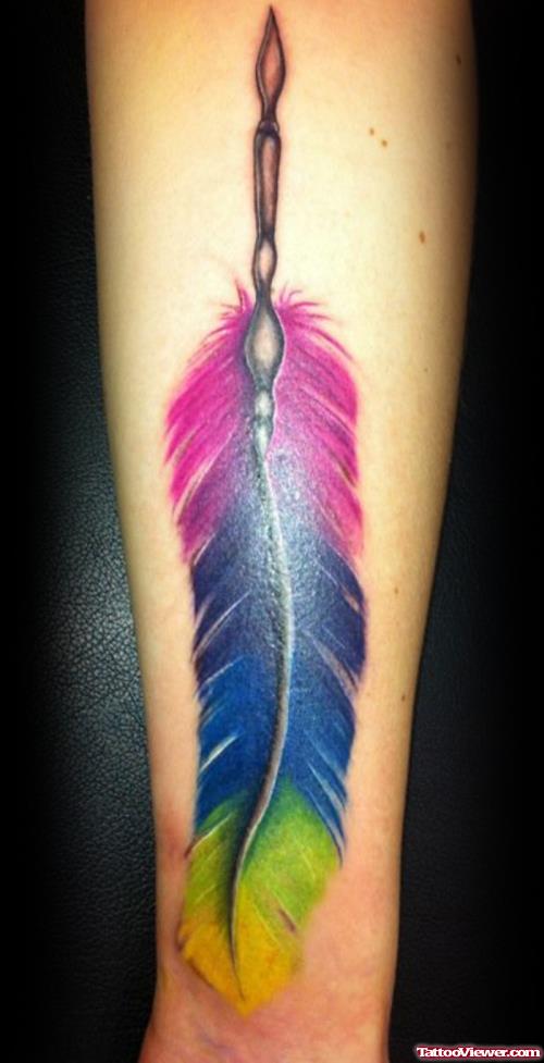 Colorful Feather Tattoo On Arm