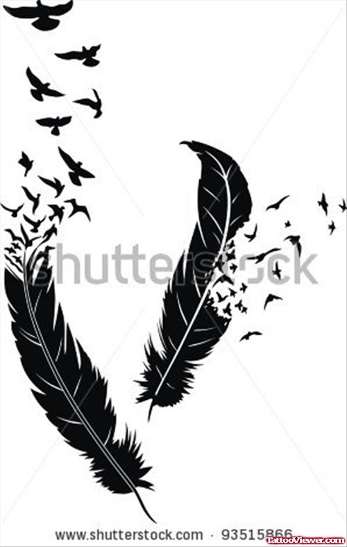 Black Feathers and Flying Birds Tattoo Design
