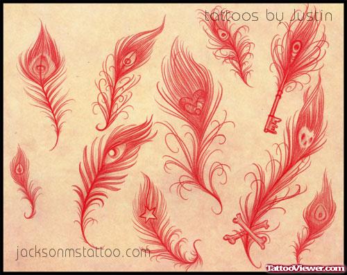 Red Ink Feather Tattoo Design
