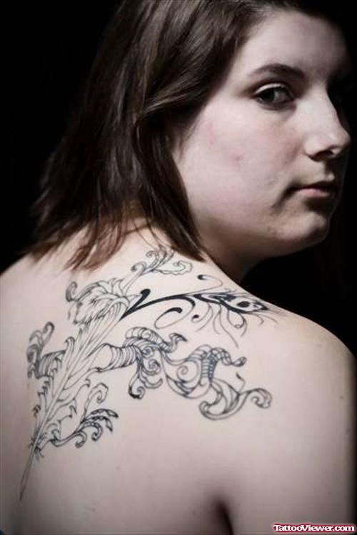Quill and Feather Tattoo on Girl Back Shoulder