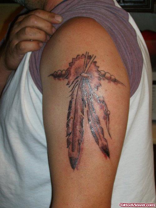Native Feathers Tattoo On Left Shoulder