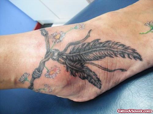 Flowers And Native Eagle Feathers Ankle Tattoo