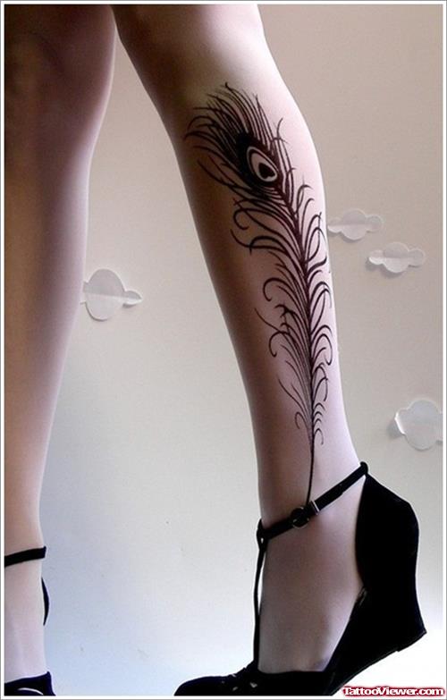 Left Leg Peacock Feather Tattoo For Girls