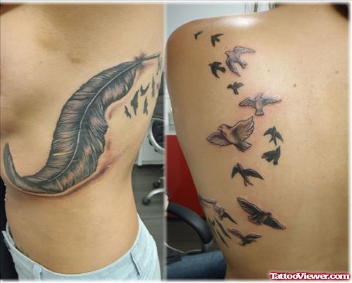 Girl With Feather And Birds Tattoo