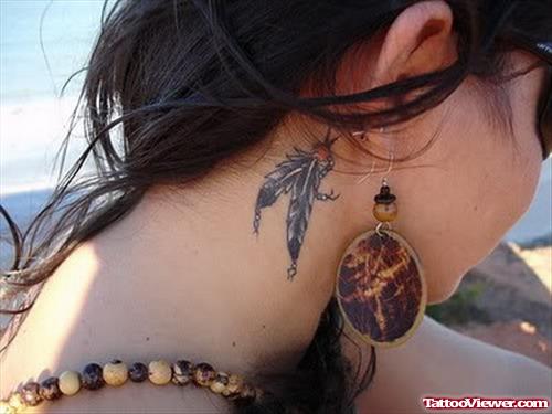 Girl Neck Feather Tattoo Behind Ear