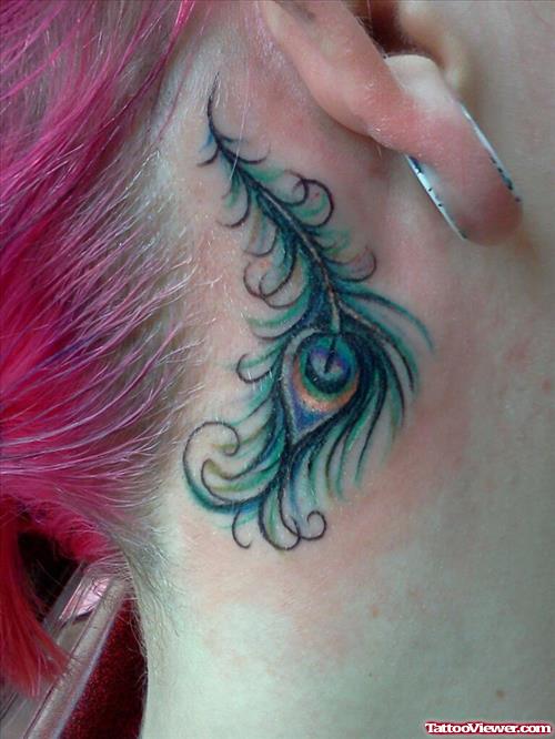 Fantastic Peacock Feather Tattoo Behind Ear